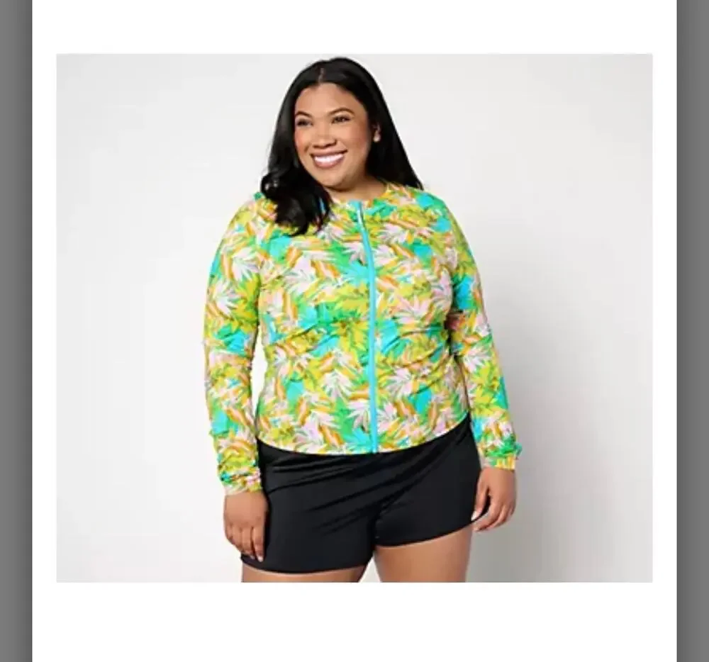 NWOT Kim Gravel x Swimsuits For All Zip-Front Swim Cardigan Caribbean palms  12